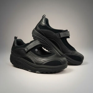 Skechers Shapeups Hydrate Black Leather Mary Jane Rocker Bottom Shoes Sneakers 9